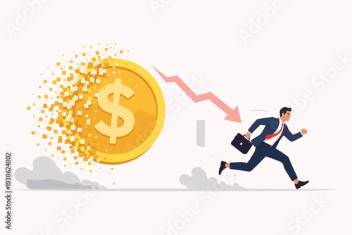 Economic Recession and Inflation Concept with Businessman Running Away from a Disintegrating Dollar Coin and a Downward Red Arrow Representing Financial Loss and Currency Depreciation Value
