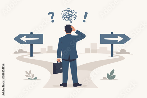 Businessman Standing at a Crossroads Facing a Difficult Career Decision or Business Strategy Dilemma with Direction Signs, Concept of Uncertainty, Problem Solving, and Choosing the Right Path.