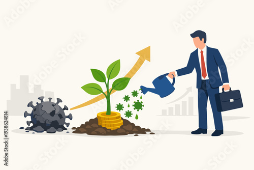 Economic Recovery and Financial Restoration After Coronavirus COVID-19 Crisis with Businessman Watering a Money Plant Growing from Gold Coins and Rising Arrow Graph in Post-Pandemic Era Concept.