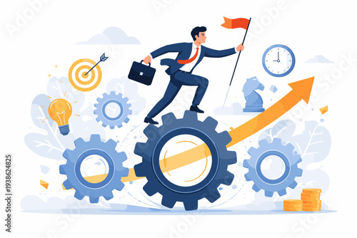 Professional businessman running on moving gears towards success holding a victory flag. Concept of business growth, strategy, innovation, efficiency, and time management for goal achievement.