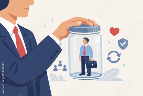 Employee Retention and Talent Management Concept with Businessman Protecting Worker in Glass Jar for Customer Loyalty, Reducing Churn Rate, Human Resources Strategy and Corporate Care Illustration