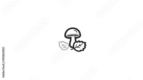 Black and white illustration featuring a mushroom and two leaves. Minimalist botanical composition