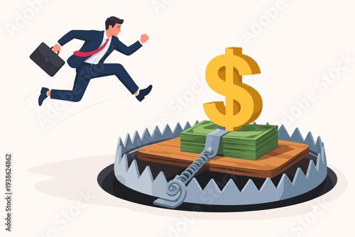 Businessman jumping into a financial money trap with dollar sign bait and cash on a bear trap over a dark pit. Concept of investment risk, Ponzi scheme, fraud, greed, and business pitfalls in finance.