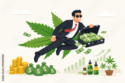 Successful Businessman Flying with Marijuana Leaf Wings Carrying Briefcase Full of Cash, Representing Booming Cannabis Industry Growth, CBD Oil Investment, and Legal Weed Market Financial Success