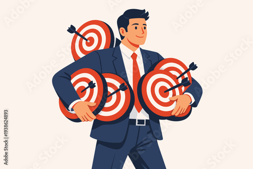 Businessman in Suit Holding Multiple Bullseye Targets with Arrows Representing Multitasking, Handling Several Business Goals Simultaneously, Side Hustle Success, and Professional Efficiency Concept