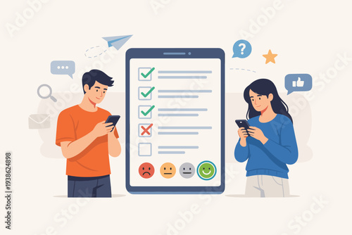 Online Survey and Customer Feedback Concept with Man and Woman Using Smartphones to Fill Out Questionnaire on Digital Screen with Rating Emojis, Checkboxes, and Communication Icons