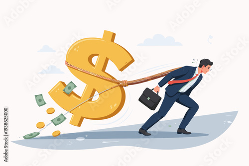 Businessman pulling a heavy golden dollar sign with a rope, symbolizing financial struggle, hard work for profit, tax burden, economic pressure, and the intense effort to earn a high salary.