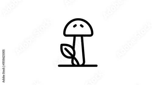 Minimalist line art depicting a mushroom with a leaf on a white background