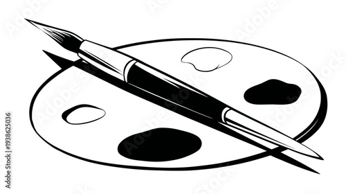 Black and white illustration of an artist's palette with a paintbrush, shadow included