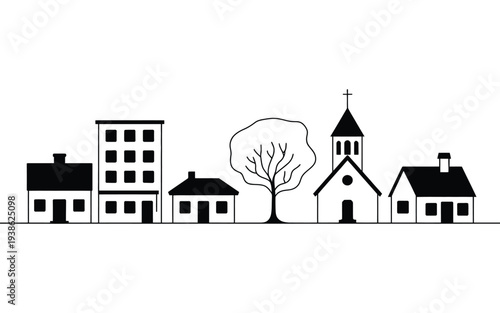 Town and village cityscape line art, houses, church buildings, trees and shrubs in simple outline style, architectural landscape concept, clean black vector illustration isolated.