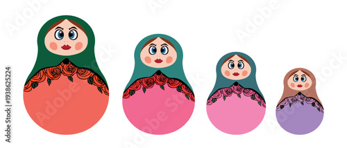 Set of Russian Matryoshka. Traditional Russian folklore dolls with big eyes and lips. Babushka doll with hohloma, traditional painted floral pattern. Hand drawn vector illustration.