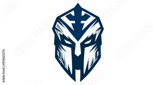 A stylized helmet design in shades of blue and white, with a sharp, geometric aesthetic
