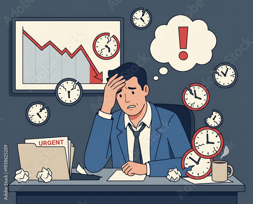 Man Struggling with Time Management at Desk.