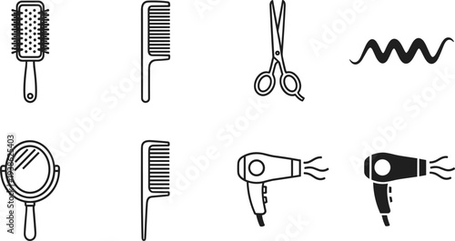 A minimalist black and white vector icon set featuring a hairbrush, combs, scissors, a mirror, and hair dryers.
