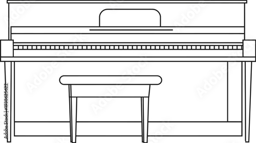 A simple black and white line drawing of a grand instrument, keys, and a stool