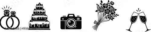 A minimalist black and white vector icon set featuring wedding rings, a tiered cake, a camera, a flower bouquet, and champagne glasses.