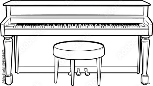A black and white illustration of an upright musical instrument with keys and a stool