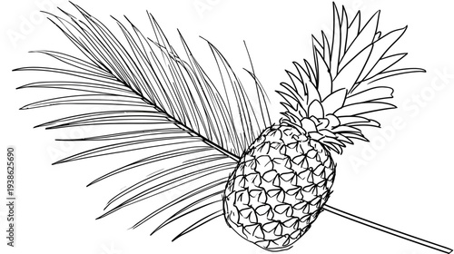 A black and white line art illustration featuring a pineapple with palm leaves and a straw