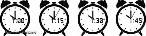 A minimalist black and white vector illustration featuring four alarm clock icons displaying different times on a white background.