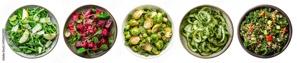 Fototapeta premium PNG Colorful fresh salads in bowls, transparent background