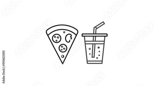 A triangular pizza slice with toppings and a drink cup with a straw next to it