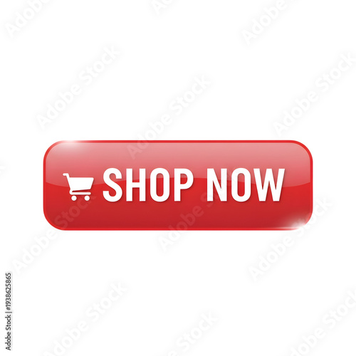 Red shop now button with shopping cart icon for e-commerce call to action and online sales promotion