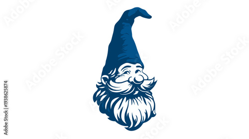 A cartoonish depiction of a gnome with a long beard and a tall pointy hat, blue color