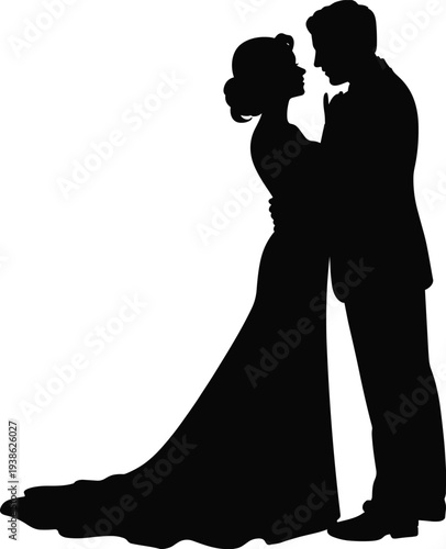 A minimalist black and white vector silhouette of a romantic couple in formal wear standing close together and embracing.