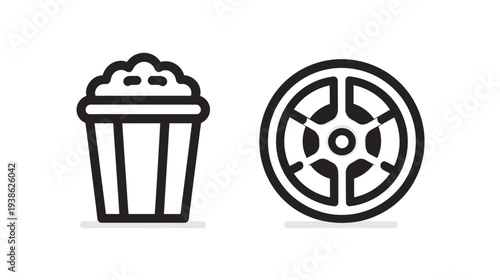 Two illustrations a popcorn container and a wheel rim. Both are simple black outline drawings