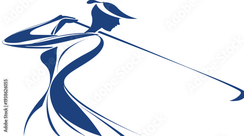 A stylized blue silhouette of a woman swinging a golf club, with clean and flowing lines