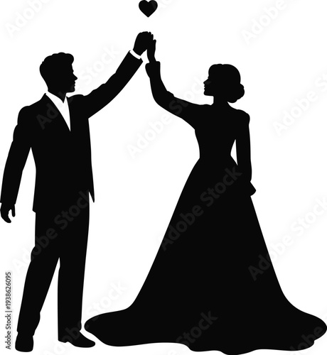 Elegant wedding couple silhouette in suit and bridal gown holding hands with heart symbol, romantic marriage celebration and eternal love concept (Exactly 20 words)