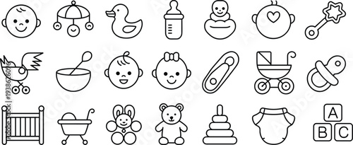 Minimalist line icon set of baby care essentials and newborn toys, including strollers, bottles, rattles, and infant characters for nursery design.