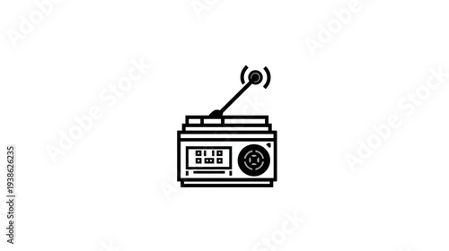 A minimalist monochrome illustration of a radio, featuring an antenna, dial and buttons