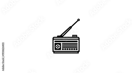 A black and white illustration of a classic radio with an antenna against a white background