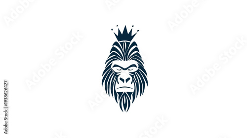 A regal gorilla's head, crowned. Depicted in a strong, detailed linear design