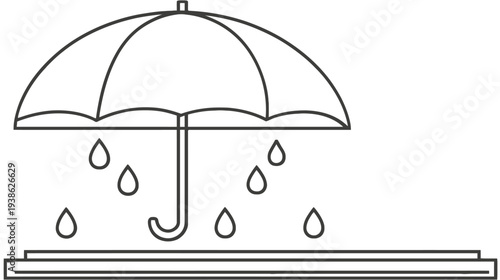 Black and white umbrella shielding rain drops falling from the sky over a platform