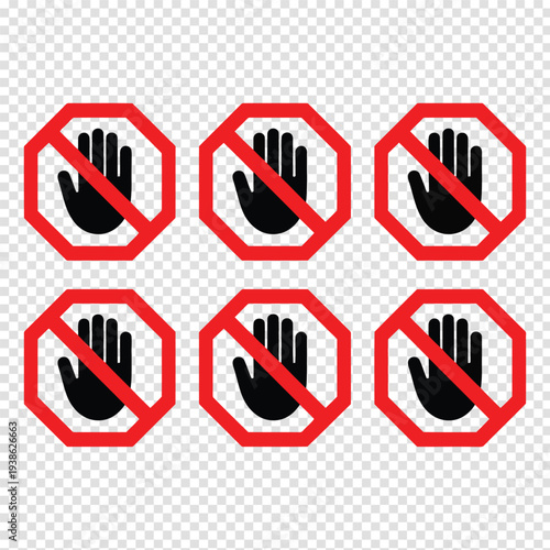 Collection of prohibited hand gesture symbols with red circles and slashes Vector