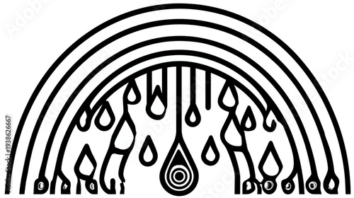 Bold black and white illustration of an arc with rain drops