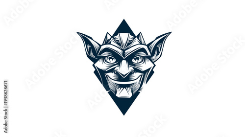 A stylized monster face with sharp features and a grin, enclosed in a dark, diamond shape