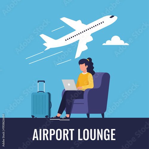 A woman sits in an airport lounge chair using her laptop next to her luggage as a plane takes off in the background.