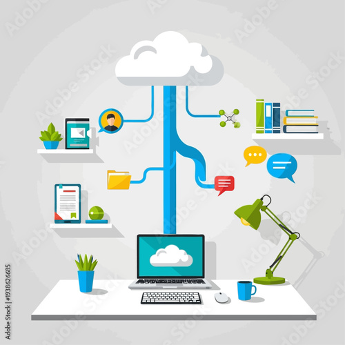 A modern office desk setup illustrating cloud computing concepts with a laptop, tablet, and various digital and physical elements connected to a central cloud icon.