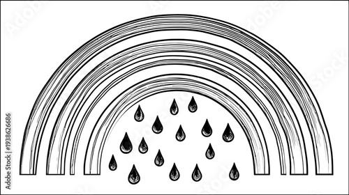A monochrome illustration of a rainbow with multiple layered arcs and falling raindrops