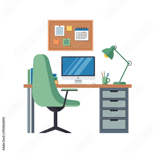 A modern home office setup featuring a computer, desk, chair, lamp, and bulletin board.