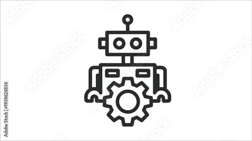 Line art illustration of a robot with a gear as a body element, with a rounded head