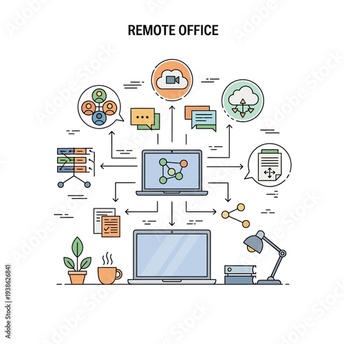 Illustration of a remote office setup with laptops, cloud services, communication icons, and data flow diagrams, representing modern work environments and connectivity.