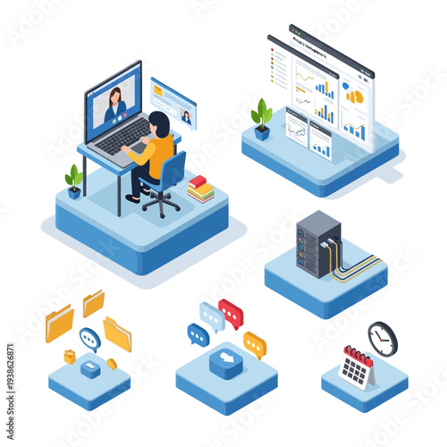 Isometric illustration depicting various aspects of online learning and remote work, including video conferencing, data analysis, server infrastructure, file management, communication, and scheduling.