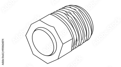 Black and white line drawing of a hex nut with threads. Angled view, simple style