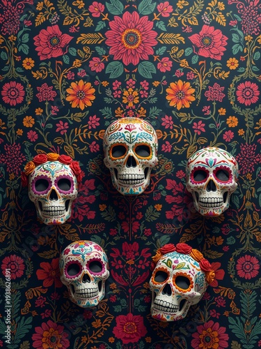 Decorative sugar skulls with colorful floral ornaments rest against a dark folk pattern. Traditional Mexican Day of the Dead aesthetics feature vibrant blossoms and ethnic motifs.