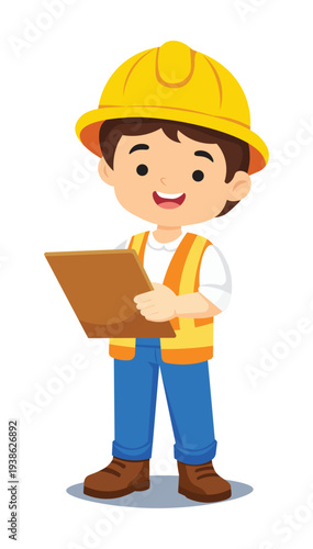 Construction Worker Engineer Holding Clipboard Cartoon for Kids Education Vector