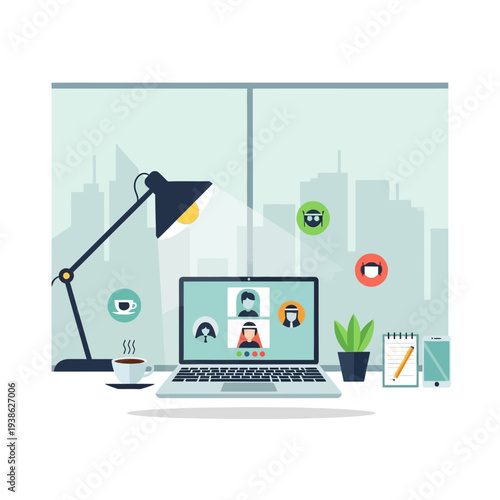 Modern home office workspace with a laptop displaying a virtual video conference call, featuring a desk lamp, coffee, and city skyline view.